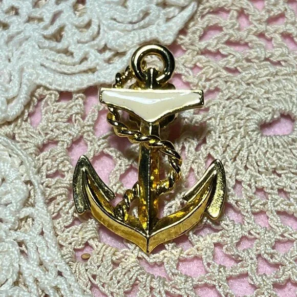 Nautical Gold and Cream Anchor Earrings - Picture 3 of 5